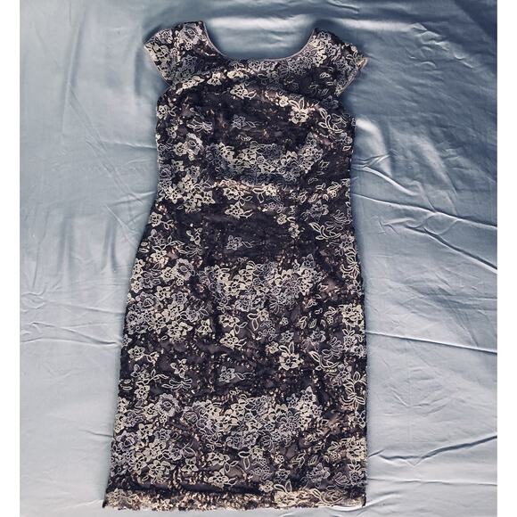 Alex Evenings Sheath Cocktail Dress Floral Sequins Lace Knee Length Sz 12 Taupe - Picture 1 of 7